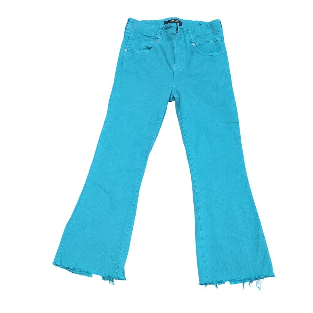 Liverpool Los Angeles Teal Blue High Rise Flare Jeans Back Slit Raw Hem 4/27